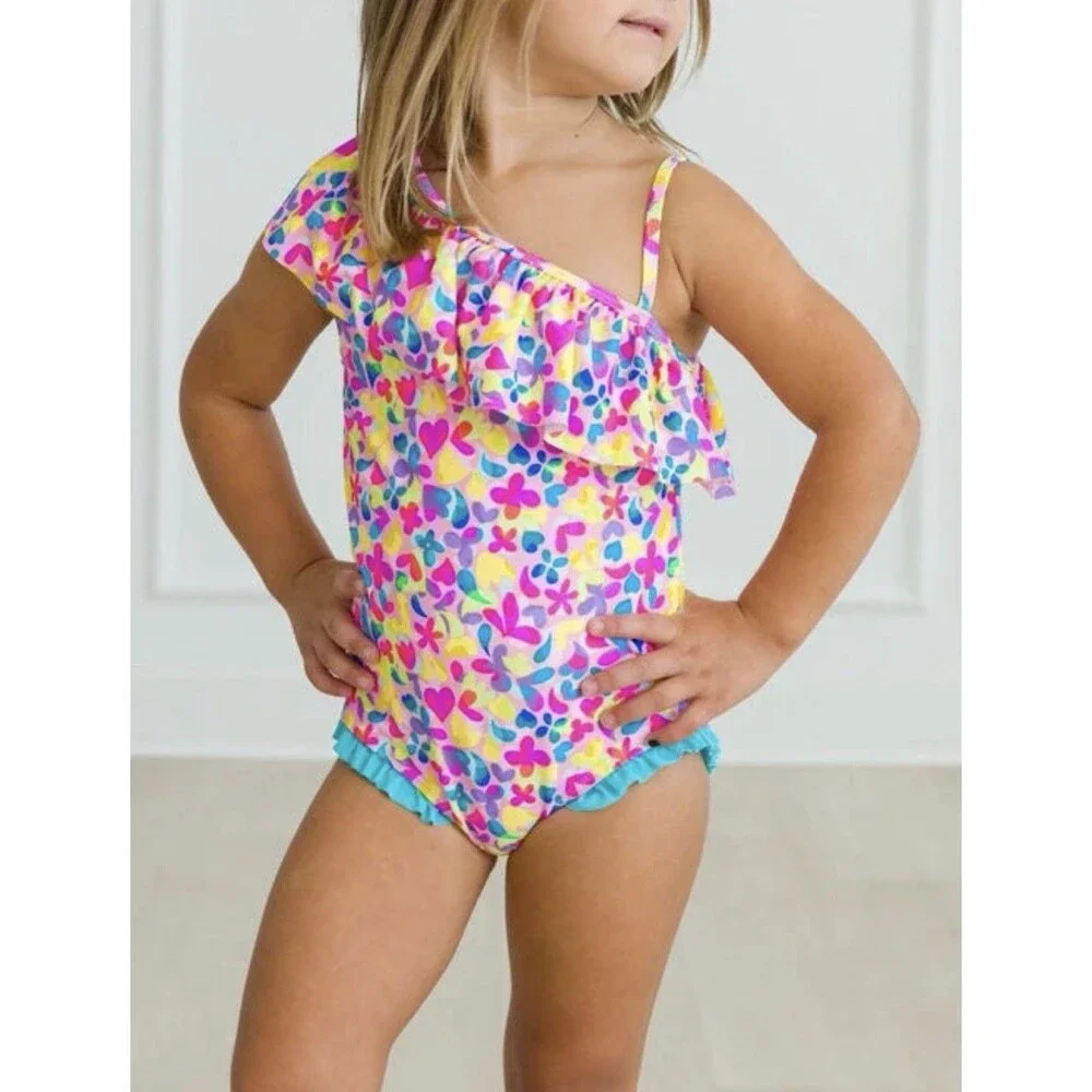 RuffleButts Girls 7 Vibrant Floral Neon One‎ shoulder Swimsuit Ruffles UPF 50+